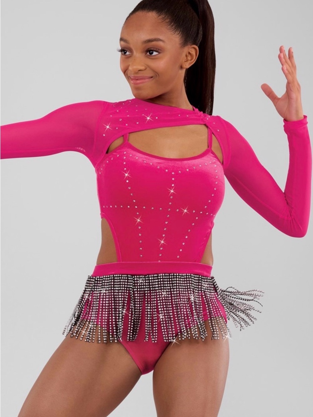Weissman Hot Pink Rhinestone Fringe Performance Leotard